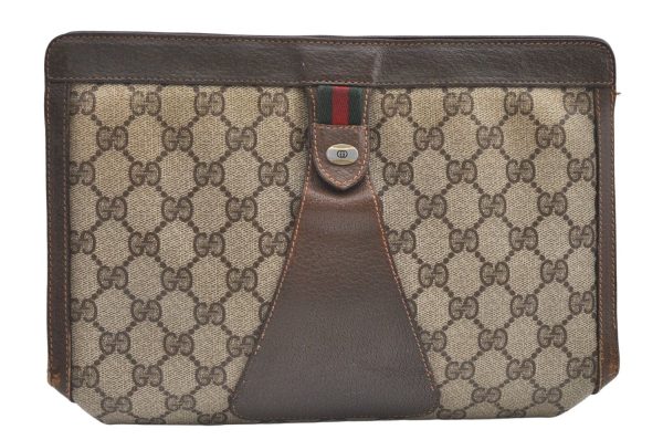 Authentic GUCCI Web Sherry Line Clutch Hand Bag Purse GG PVC Leather Brown 9311J Fashion