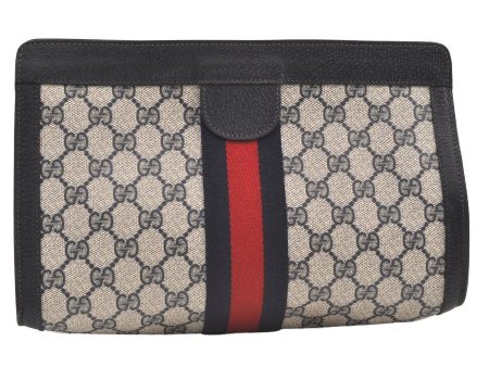 Authentic GUCCI Sherry Line Clutch Hand Bag GG PVC Leather Navy Blue Junk 9331J Online