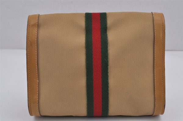 Authentic GUCCI Web Sherry Line Clutch Hand Bag Purse Canvas Leather Beige 9374J Cheap