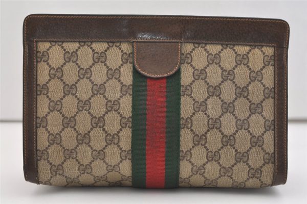 Authentic GUCCI Web Sherry Line Clutch Hand Bag Purse GG PVC Leather Brown 5739J For Cheap