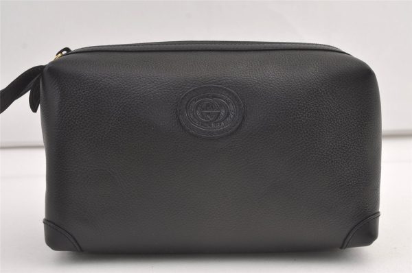 Authentic GUCCI Vintage Clutch Hand Bag Purse Leather Black 8830J For Discount