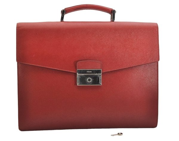 Authentic PRADA Vintage Saffiano Leather Nappa Briefcase Business Bag Red 9217J Fashion