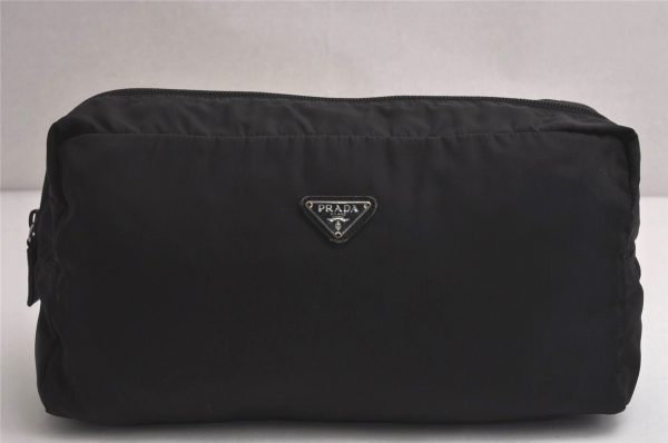 Authentic PRADA Vintage Nylon Tessuto Leather Clutch Hand Bag Purse Black 0489K Sale