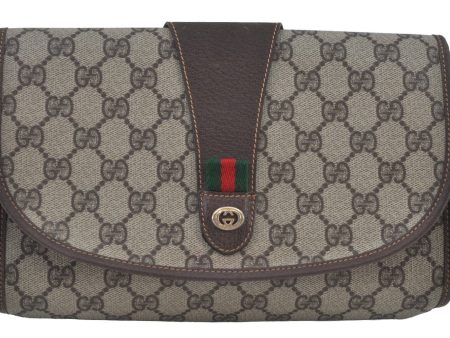 Authentic GUCCI Web Sherry Line Clutch Hand Bag Purse GG PVC Leather Brown 8799H on Sale