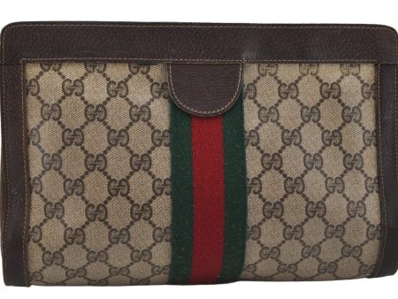 Authentic GUCCI Web Sherry Line Clutch Hand Bag Purse GG PVC Leather Brown 0506K Online now