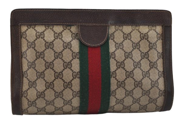 Authentic GUCCI Web Sherry Line Clutch Hand Bag Purse GG PVC Leather Brown 0506K Online now