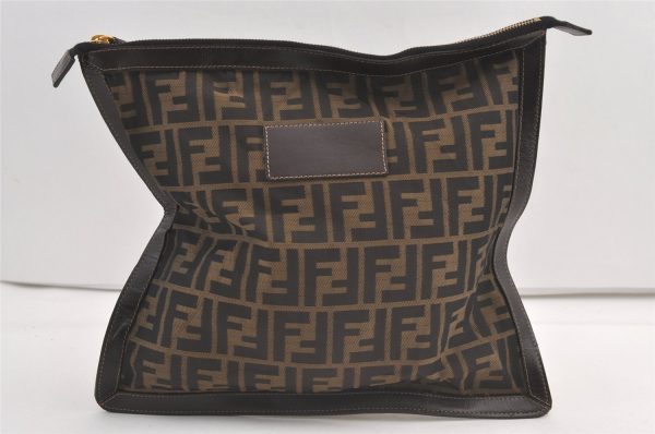 Authentic FENDI Zucca Clutch Hand Bag Purse Nylon Leather Brown Black 9167J Online