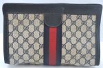 Authentic GUCCI Sherry Line Clutch Hand Bag Purse GG PVC Leather Navy Blue K9948 Cheap