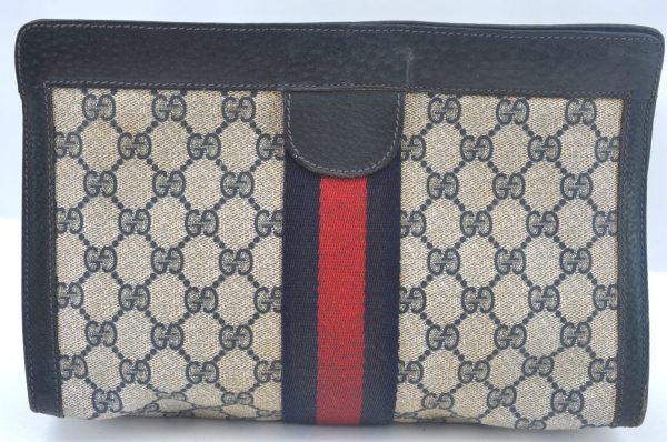 Authentic GUCCI Sherry Line Clutch Hand Bag Purse GG PVC Leather Navy Blue K9948 Cheap