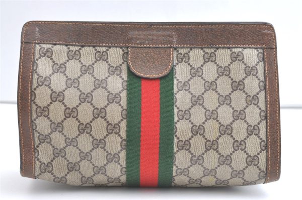 Authentic GUCCI Sherry Line Clutch Hand Bag Purse GG PVC Leather Brown 8044J on Sale