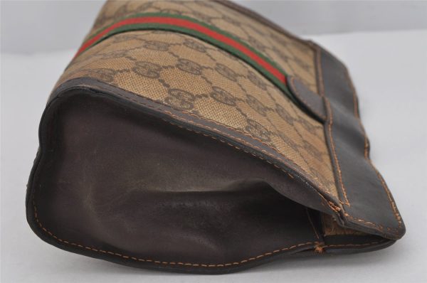 Authentic GUCCI Web Sherry Line Clutch Hand Bag GG PVC Leather Brown Junk 0488K Online Sale