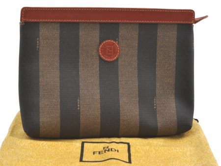 Authentic FENDI Pequin Clutch Hand Bag Purse PVC Leather Brown Black 0373K Cheap