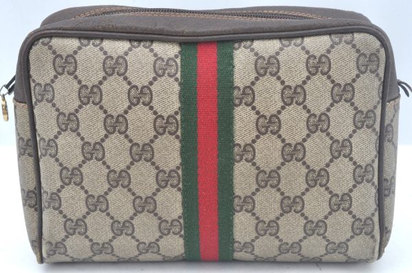 Authentic GUCCI Web Sherry Line Clutch Hand Bag Purse GG PVC Leather Brown L0013 Online Sale