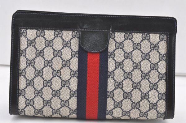 Authentic GUCCI Sherry Line Clutch Hand Bag GG PVC Leather Navy Blue Junk 0815K Supply