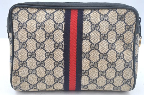 Authentic GUCCI Sherry Line Clutch Hand Bag Purse GG PVC Leather Navy Blue L0003 Hot on Sale