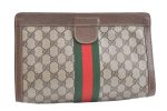 Authentic GUCCI Sherry Line Clutch Hand Bag Purse GG PVC Leather Brown 8044J on Sale