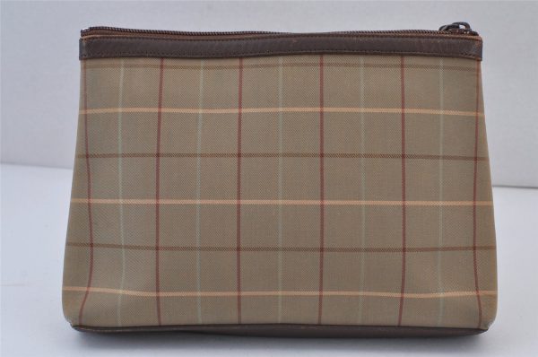 Authentic Burberrys Check Canvas Leather Clutch Hand Bag Purse Khaki Green 8148J Online Sale