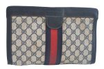 Authentic GUCCI Sherry Line Clutch Hand Bag Purse GG PVC Leather Navy Blue K9948 Cheap