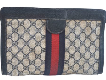 Authentic GUCCI Sherry Line Clutch Hand Bag Purse GG PVC Leather Navy Blue K9948 Cheap