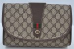 Authentic GUCCI Web Sherry Line Clutch Hand Bag Purse GG PVC Leather Brown 8799H on Sale