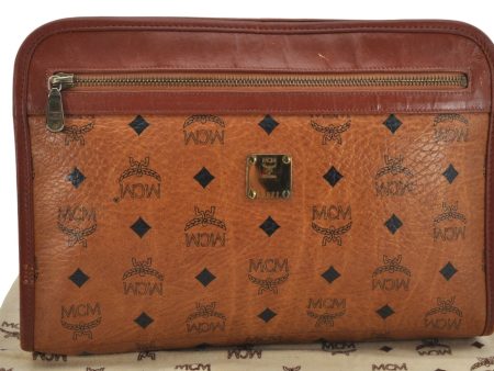 Authentic MCM Visetos Leather Vintage Clutch Hand Bag Purse Brown 9900J Sale