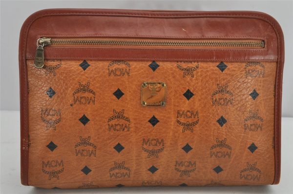 Authentic MCM Visetos Leather Vintage Clutch Hand Bag Purse Brown 9900J Sale