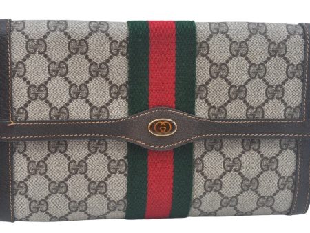 Authentic GUCCI Web Sherry Line Clutch Hand Bag Purse GG PVC Leather Brown 1031K Online now