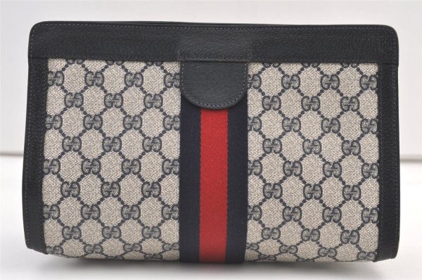 Authentic GUCCI Sherry Line Clutch Hand Bag GG PVC Leather Navy Blue Junk 9331J Online