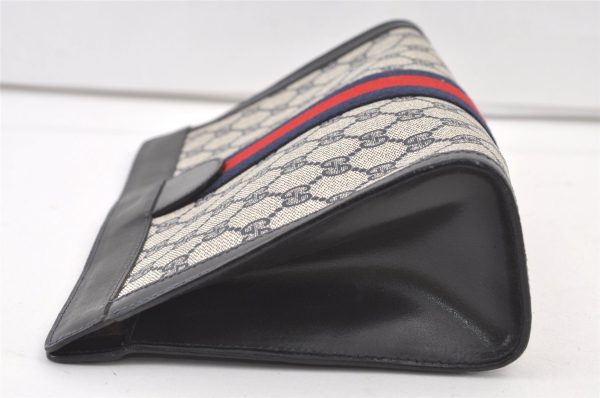 Authentic GUCCI Sherry Line Clutch Hand Bag GG PVC Leather Navy Blue Junk 0815K Supply