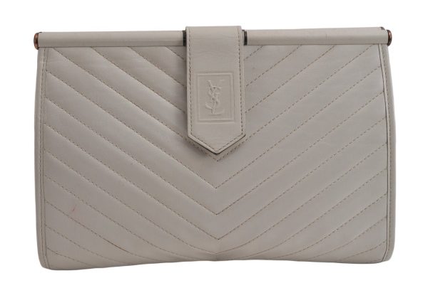 Authentic YVES SAINT LAURENT Vintage Clutch Hand Bag Purse Leather White 0206K Supply