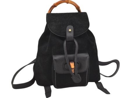 Authentic GUCCI Vintage Bamboo Backpack Purse Suede Leather Black 0139K Online now