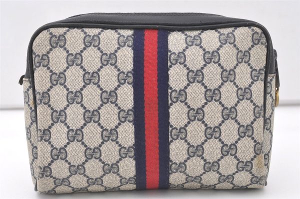 Authentic GUCCI Sherry Line Clutch Hand Bag GG PVC Leather Navy Blue Junk 7890J Online Hot Sale