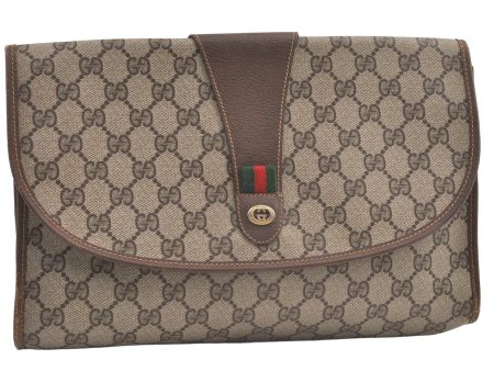 Authentic GUCCI Web Sherry Line Clutch Hand Bag Purse GG PVC Leather Brown 9104J Cheap