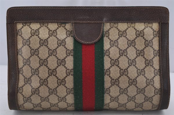 Authentic GUCCI Web Sherry Line Clutch Hand Bag Purse GG PVC Leather Brown 0506K Online now