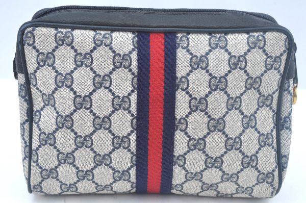 Authentic GUCCI Sherry Line Clutch Hand Bag Purse GG PVC Leather Navy Blue K9877 Cheap