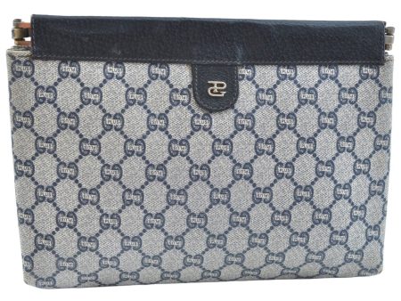 Authentic GUCCI GG Plus Clutch Hand Bag Purse GG PVC Leather Navy Blue K9288 For Sale