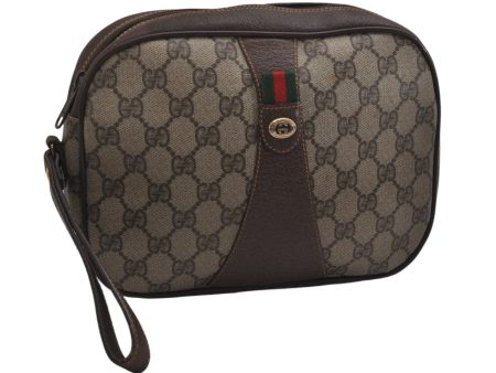 Authentic GUCCI Web Sherry Line Clutch Hand Bag GG PVC Leather Brown Junk 9537J Hot on Sale