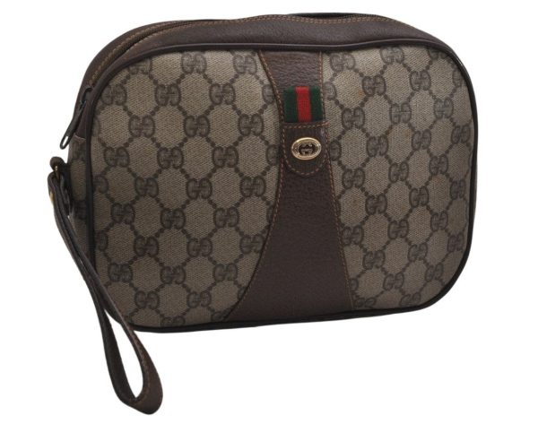 Authentic GUCCI Web Sherry Line Clutch Hand Bag GG PVC Leather Brown Junk 9537J Hot on Sale