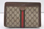 Authentic GUCCI Web Sherry Line Clutch Hand Bag Purse GG PVC Leather Brown 0694K Fashion