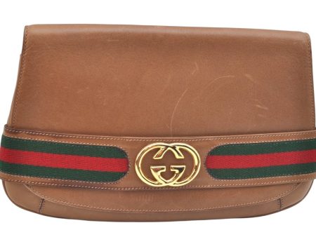 Authentic GUCCI Web Sherry Line Clutch Hand Bag Purse GG Leather Brown K9798 Sale