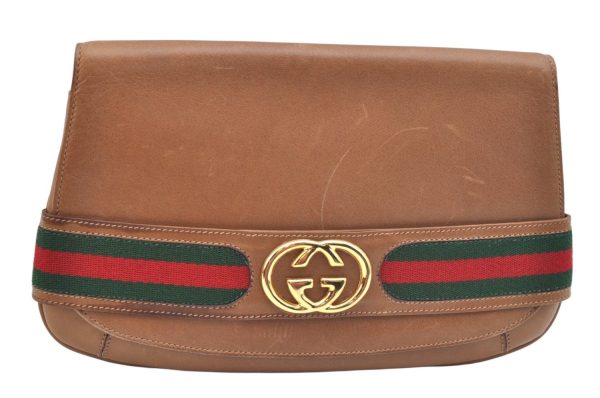 Authentic GUCCI Web Sherry Line Clutch Hand Bag Purse GG Leather Brown K9798 Sale