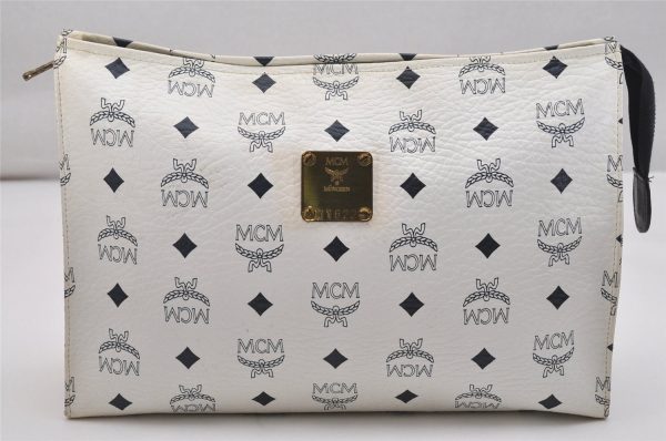 Authentic MCM Vintage Leather Clutch Hand Bag Purse White 1027K For Sale