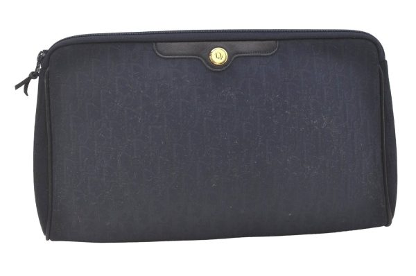 Authentic Christian Dior Trotter Clutch Bag Purse Canvas Leather Navy Blue 7759J For Sale