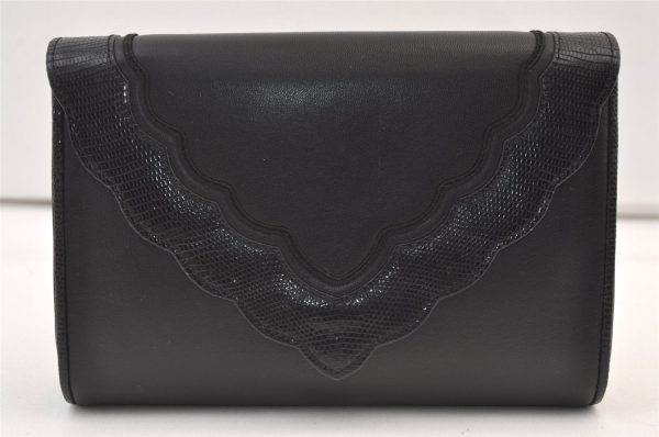 Authentic YVES SAINT LAURENT Clutch Hand Shoulder Bag Purse Leather Black 9361J Cheap