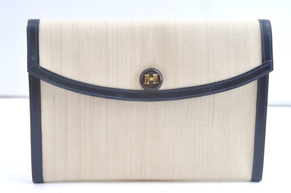 Authentic HERMES Pochette Rio Clutch Bag Purse Linen Leather White Cream 7849J on Sale