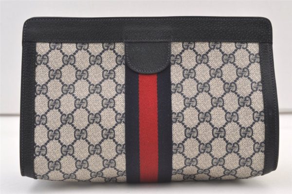 Authentic GUCCI Sherry Line Clutch Hand Bag GG PVC Leather Navy Blue Junk 9331J Online