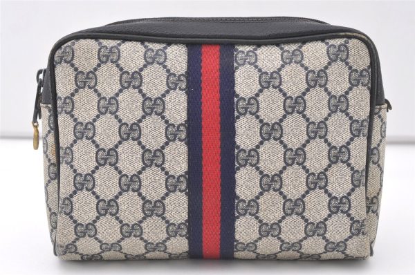 Authentic GUCCI Sherry Line Clutch Hand Bag GG PVC Leather Navy Blue Junk 7890J Online Hot Sale