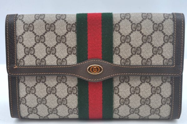 Authentic GUCCI Web Sherry Line Clutch Hand Bag Purse GG PVC Leather Brown 1031K Online now