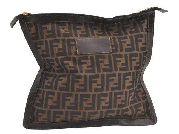 Authentic FENDI Zucca Clutch Hand Bag Purse Nylon Leather Brown Black 9167J Online