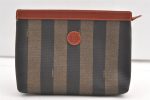 Authentic FENDI Pequin Clutch Hand Bag Purse PVC Leather Brown Black 0373K Cheap